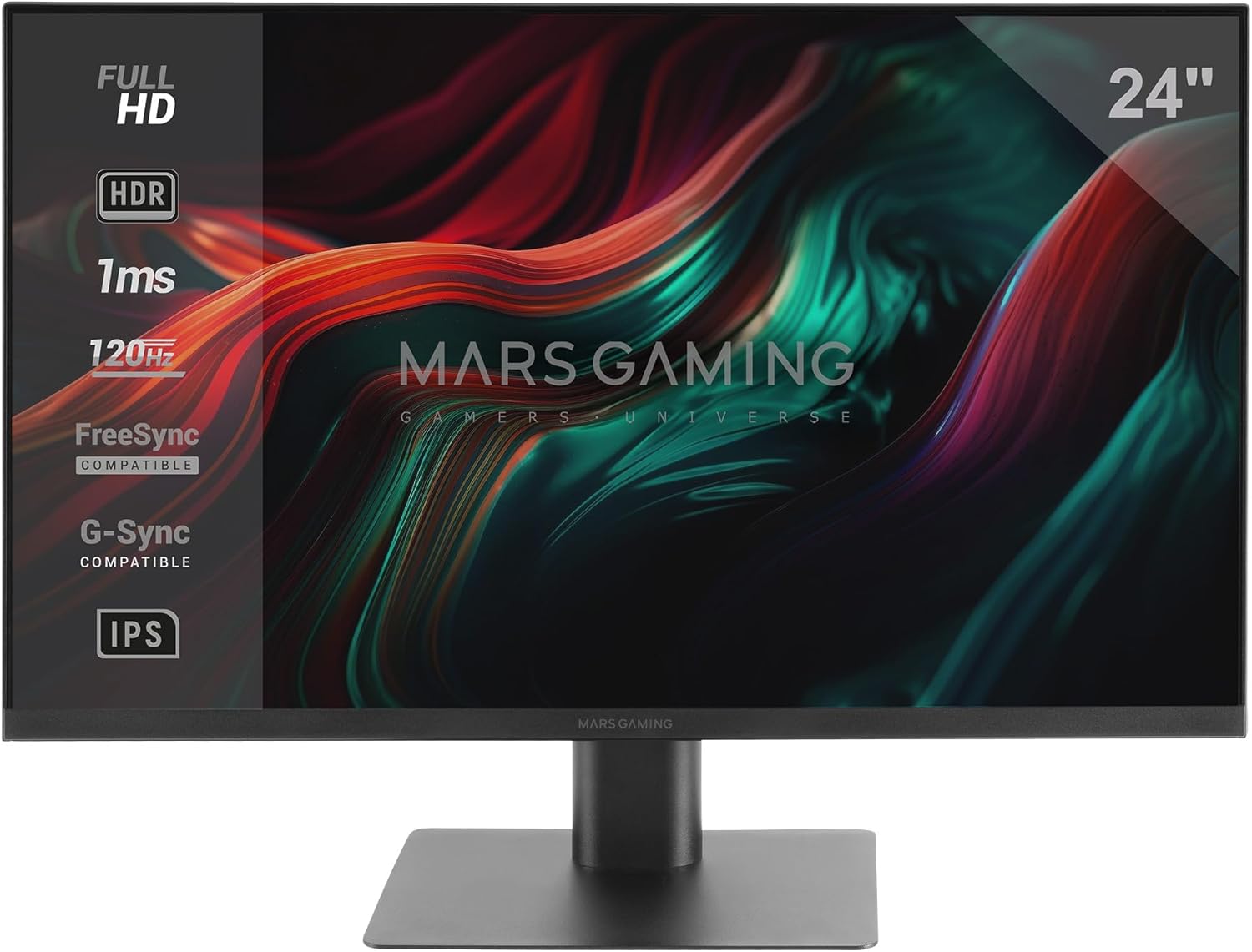 Mars Gaming MV-24, Monitor 24″ IPS FHD 120Hz, HDR10 1ms, FreeSync and G-Sync, PC Monitor with Integrated Speakers, 25° Tilt, Low Blue Light and Flicker Free, HDMI + DisplayPort + 3.5mm Jack, Black