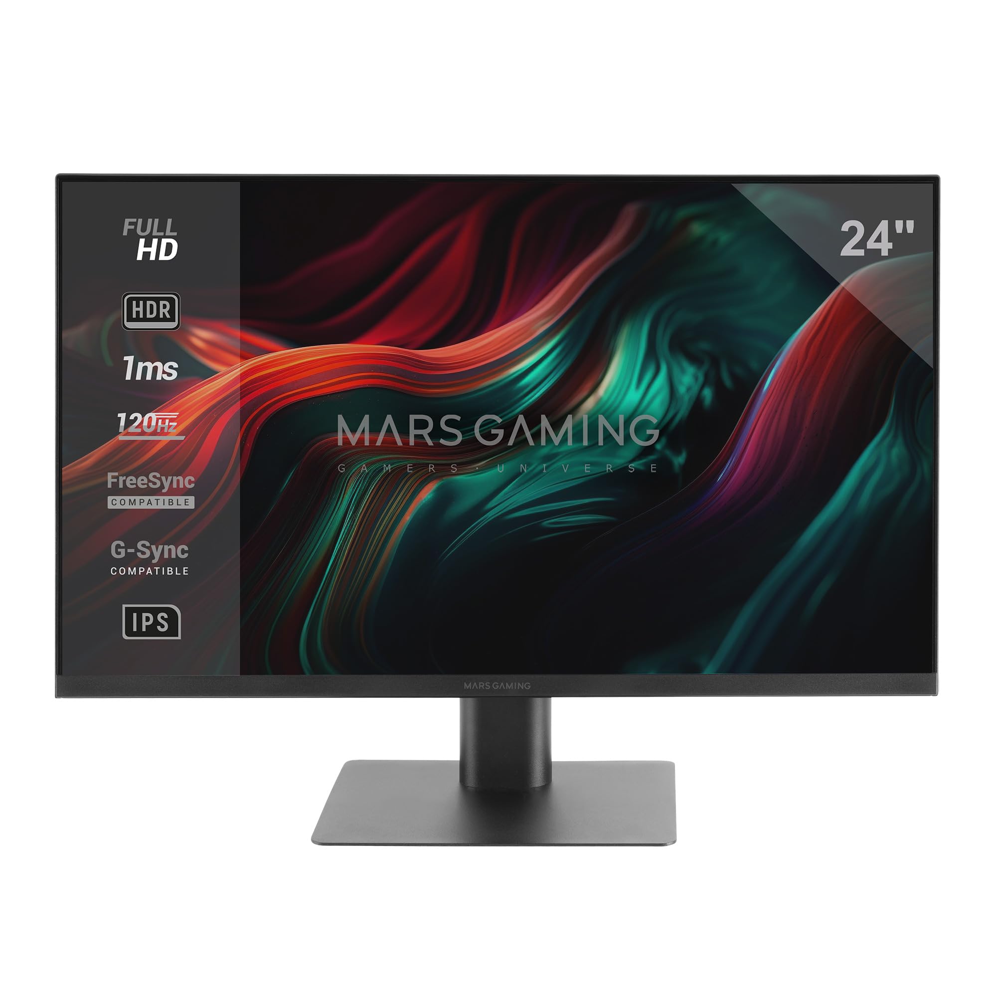 Mars Gaming MV-24, Monitor 24” IPS FHD 120Hz, HDR10 1ms, FreeSync y G-Sync, Monitor PC con Altavoces Integrados, Inclinación 25°, Low Blue Light y Flicker Free, HDMI + DisplayPort + Jack 3.5mm, Negro