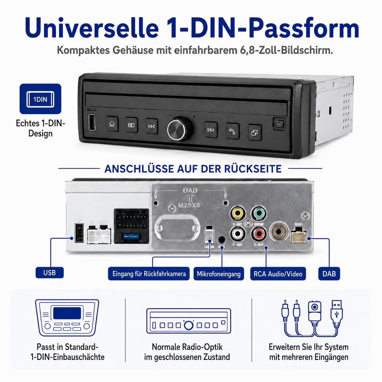 YZKONG 1 DIN Autoradio mit 6,8 Zoll ausfahrbarem Touchscreen, Linux System, Wireless CarPlay Android Auto, Bluetooth FM USB AUX, Mirror Link