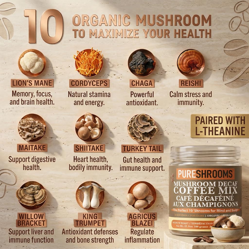 PureShrooms Organic Decaf Instant Mushroom Coffee | 10‑Mushroom Superblend with Arabica, Lion’s Mane, Reishi, Cordyceps, Chaga & More – 50 Servings, Vegan & Gluten‑Free - 100g (3.53oz)
