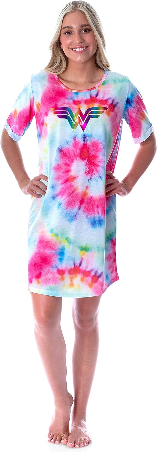 INTIMO DC Comics Womens Wonder Woman Foil Logo Tie Dye Nightgown Sleep Shirt