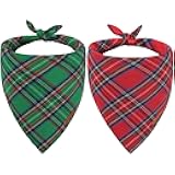 NCMAMA 2pcs Christmas Dog Bandanas Red Green Plaid Double-Sided Reversible Triangle Scarf X-mas Holiday Pet Accessories for Dogs Puppy