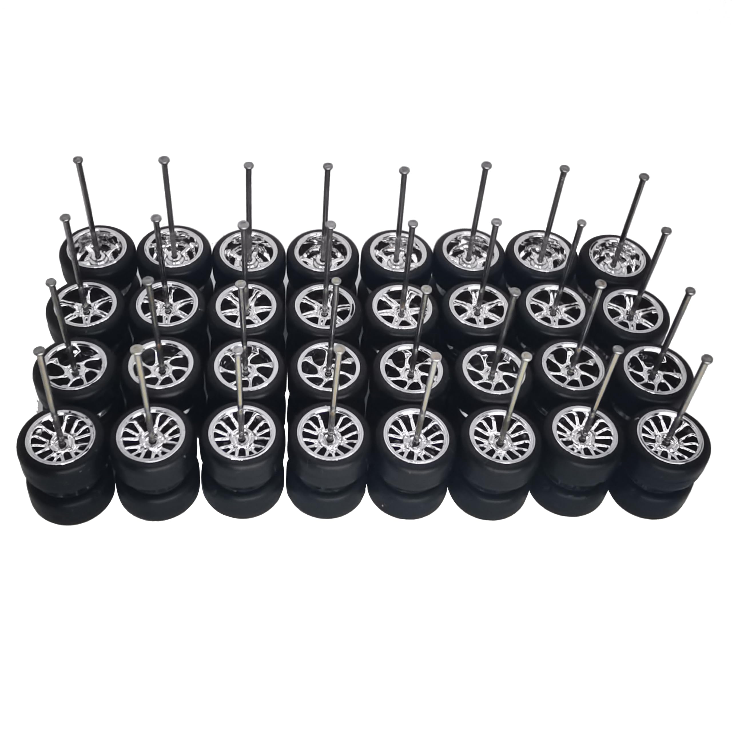 16 Set 1/64 Wheels and Tires Kit Simulation 1 64 Scale Wheels with Rubber Tires and Hub Suitable for Adding Collection Value to 1/64 Model Cars (Electroplated Silver)