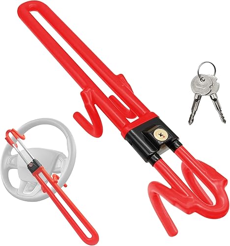Cerradura antirrobo para volante, longitud ajustable, doble gancho, ajuste universal para coches, furgonetas, caravanas, SUV, camiones, rojo