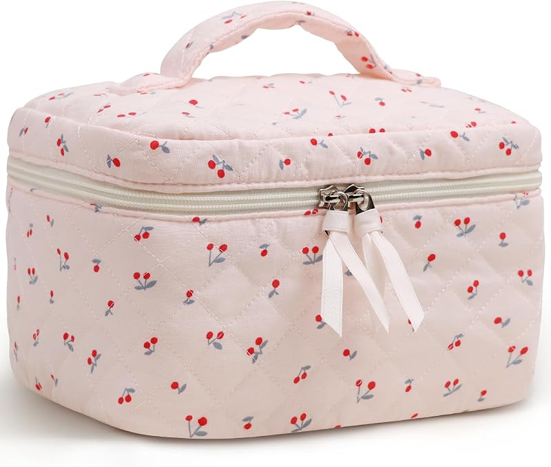 Necessaire de maquiagem acolchoada Prite Cherry com zíper duplo