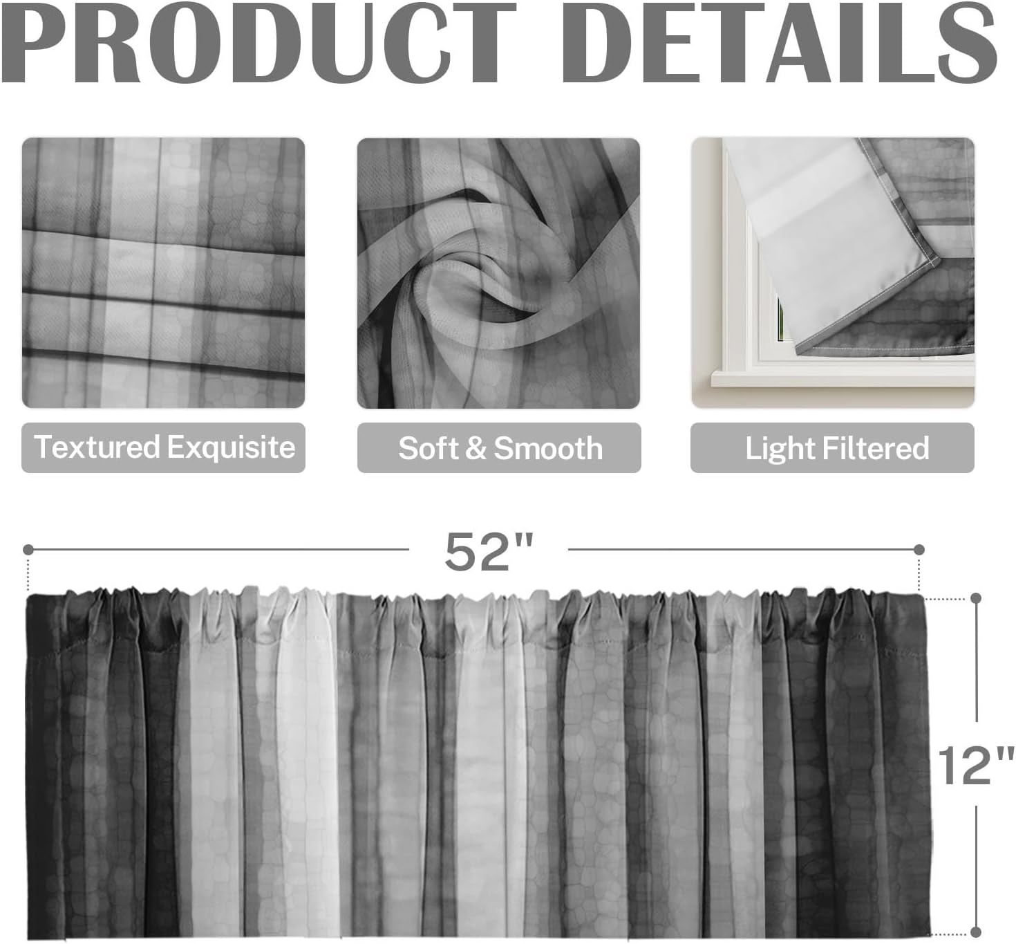 Emvency 4 Pack Valances Window Treatments, Black and Grey Striped Abstract Blackout Adjustable for Living Room Bathroom Bedroom Kitchen Over Sink, 52x12 Inch Rod Pocket Valances