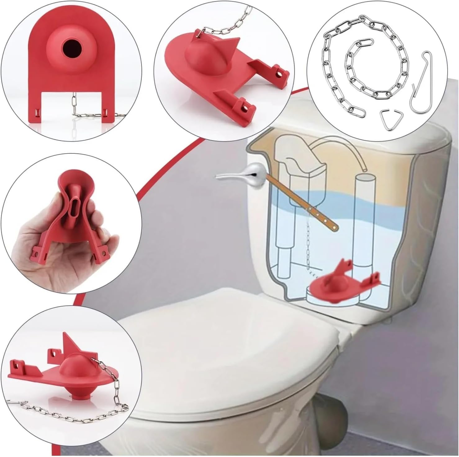 2-Inch Toilet Flapper Includes Stainless Steel Chain Replacement Flush Valve Red Color Tank
