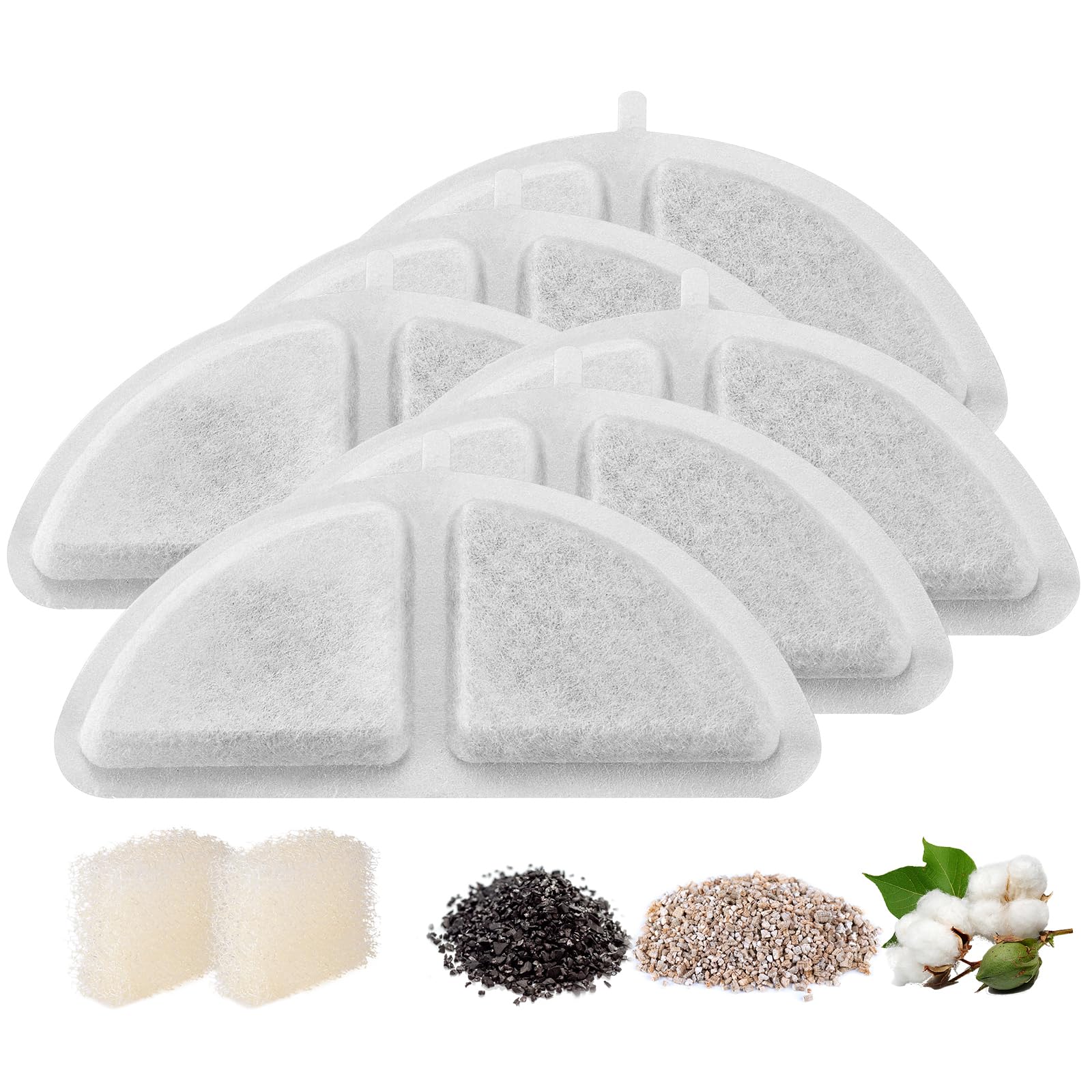 Cat Water Fountain Filter, 6 Pack Replacement Filters with 2 Pack Replacement Pre-Filter Sponges for 3.0L/102oz Automatic Pet Fountain