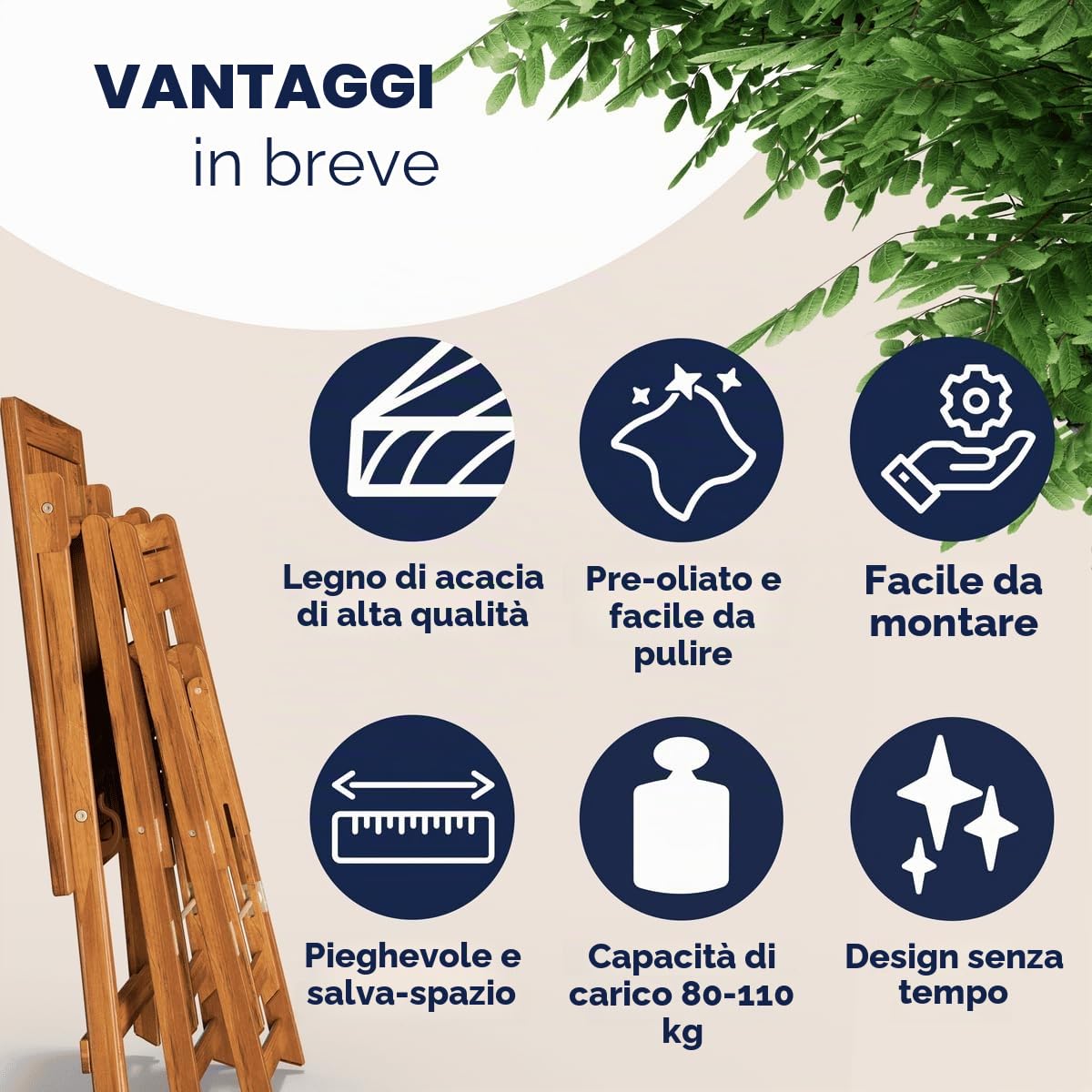 Casaria Set da Balcone Tavolo e 2 Sedie in Legno di Acacia Pieghevole 3 Pezzi