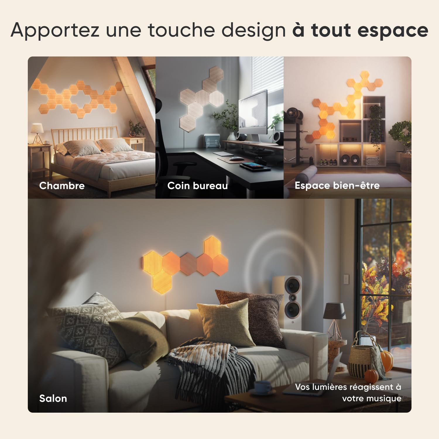Nanoleaf Elements Kit de Démarrage, 7 Panneaux LED Connectés Effet Bois - Appliques Murales Luminaires Intérieur Hexagonales Modulaires et Variables Wi-Fi, Compatible Alexa, pour Salon Chambre Bureau