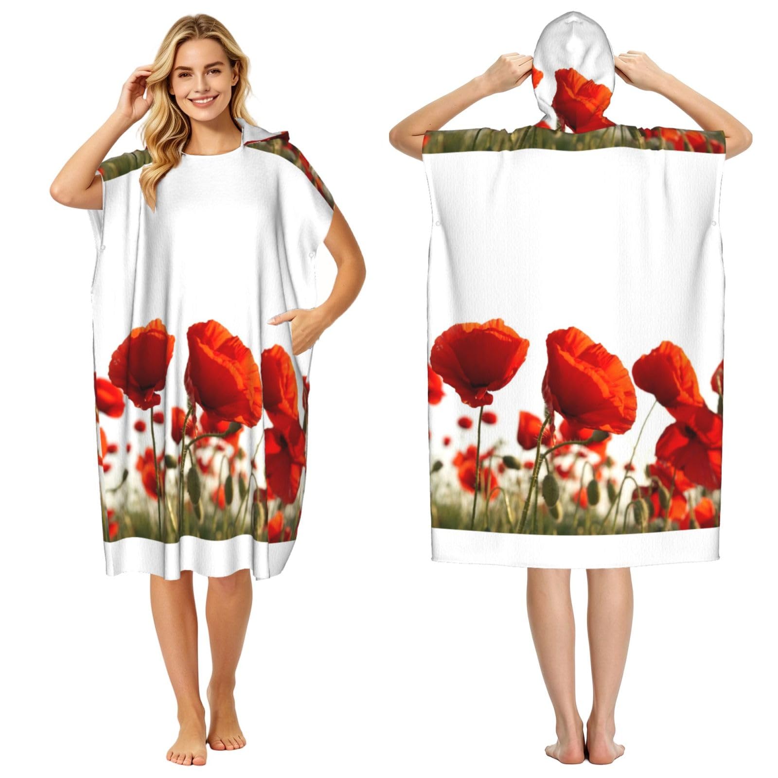 Poadnly Red Poppies, Adult Hooded Beach Towel 90 x 110 cm,Changing Bath Robe, Surf Poncho Towel For Women Men