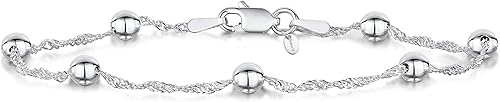 Miniatura 4 de Amberta Pulsera de plata de ley 925 1.4 Singapur con cuentas de bola de 0.157 in, 7 pulgadas, 7.5 pulgadas