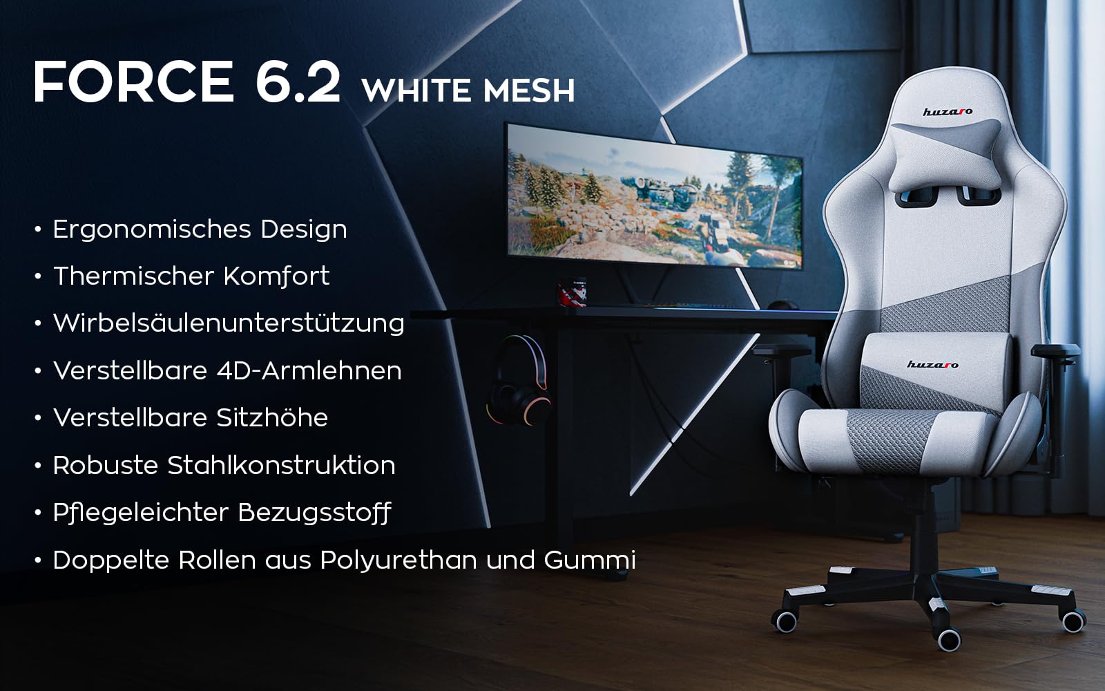 huzaro Force 6.2 Carbon Gamingstoel, ergonomische bureaustoel, eco-lederen mesh, verstelbaar met hoofdsteun en lendensteun, tot 130 kg belastbaar, zwart