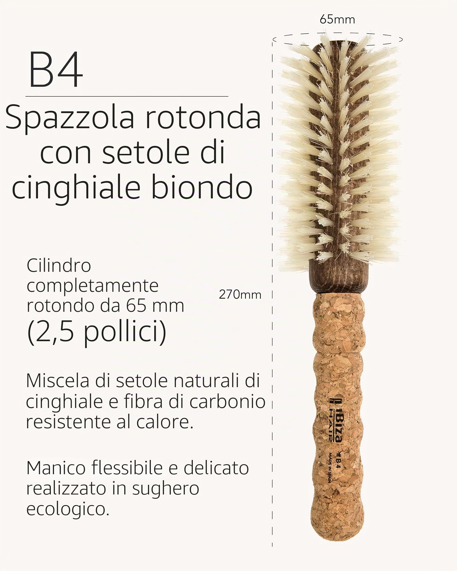 Ibiza Hair - Spazzola rotonda - Legno di sughero eco - B4 Naturale - Professionale - Fatto a mano - Grande