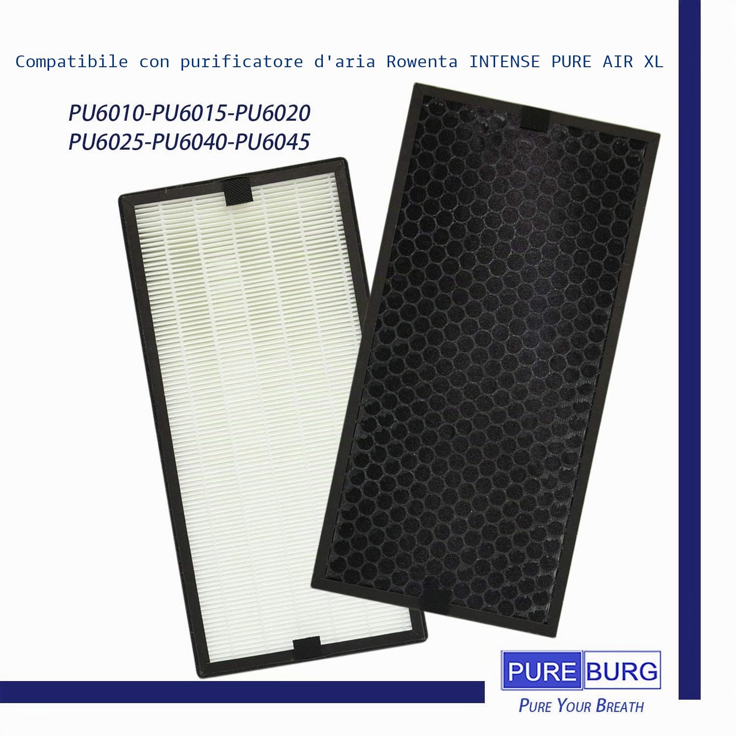PUREBURG Filtro HEPA di ricambio + filtro a carbone attivo compatibile con purificatore Rowenta Intense Pure AIR XL serie PU60XX PU6010 PU6015 PU6020 PU6025 PU6040 PU6045 Part # XD6077U0 XD6061 XD6066