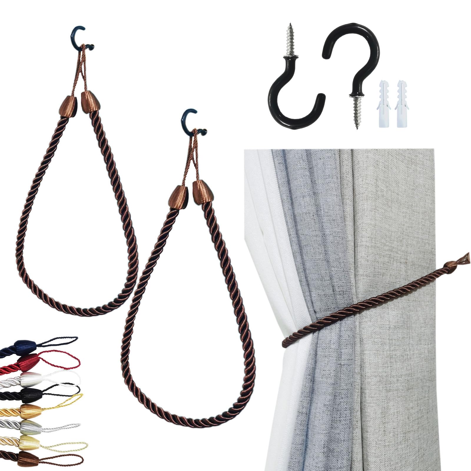 SLIFEOW Rope Curtain Drapery Tiebacks, Indoor Outdoor Curtain Tie Backs Holdbacks with 2 Metal Screw Hooks for Wall, Extra Long 30 Inch Curtain Rope Ties for Hanging Drapes, Coffee 2 Pack
