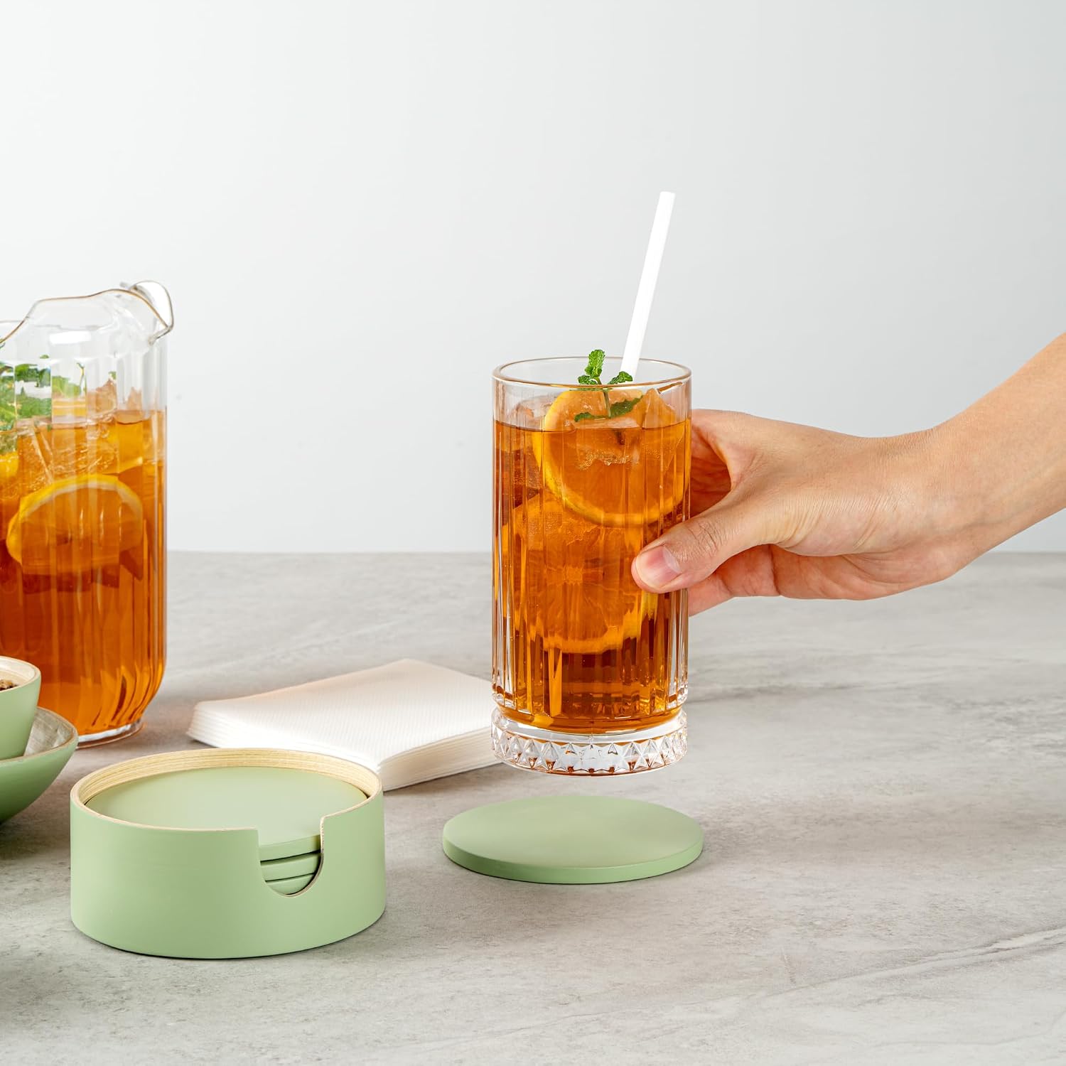 Restaurantware-Bambuddha 3.9 Inch Coasters With Holder, 1 Heavy-duty Round Coaster Set - Sustainable, Reusable, Green Bamboo Bamboo Coasters For Drinks, 6-Piece Set, For Tabletop Protection