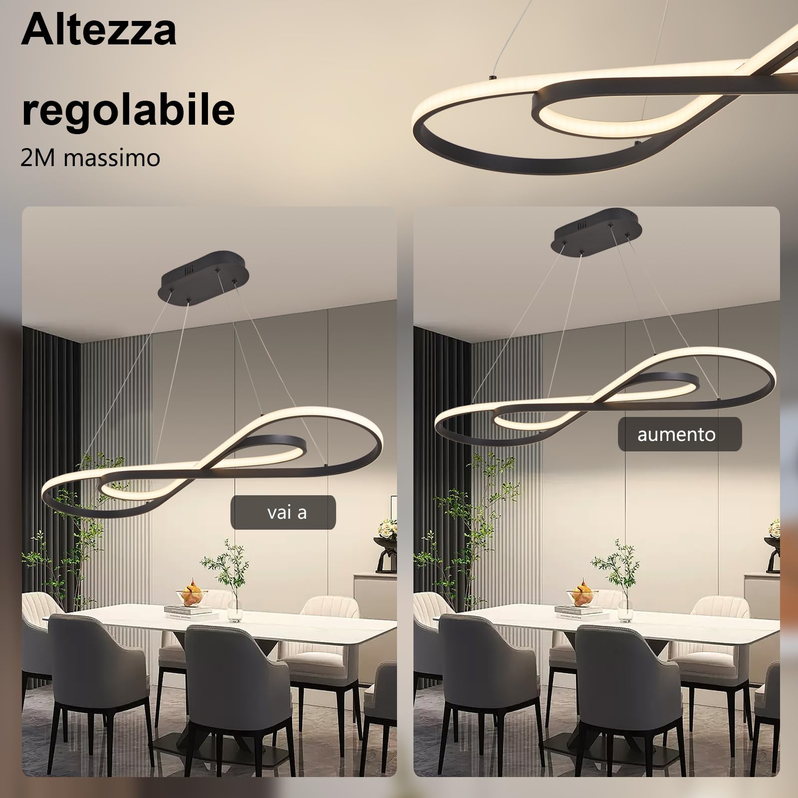 AHRHSM Lampadario Led Sospensione, Lampadario Moderno, 57W, Lampadario Sala da Pranzo, Dimmerabili, Regolabile in Altezza, per Sala Da Pranzo,Cucina (Nero)