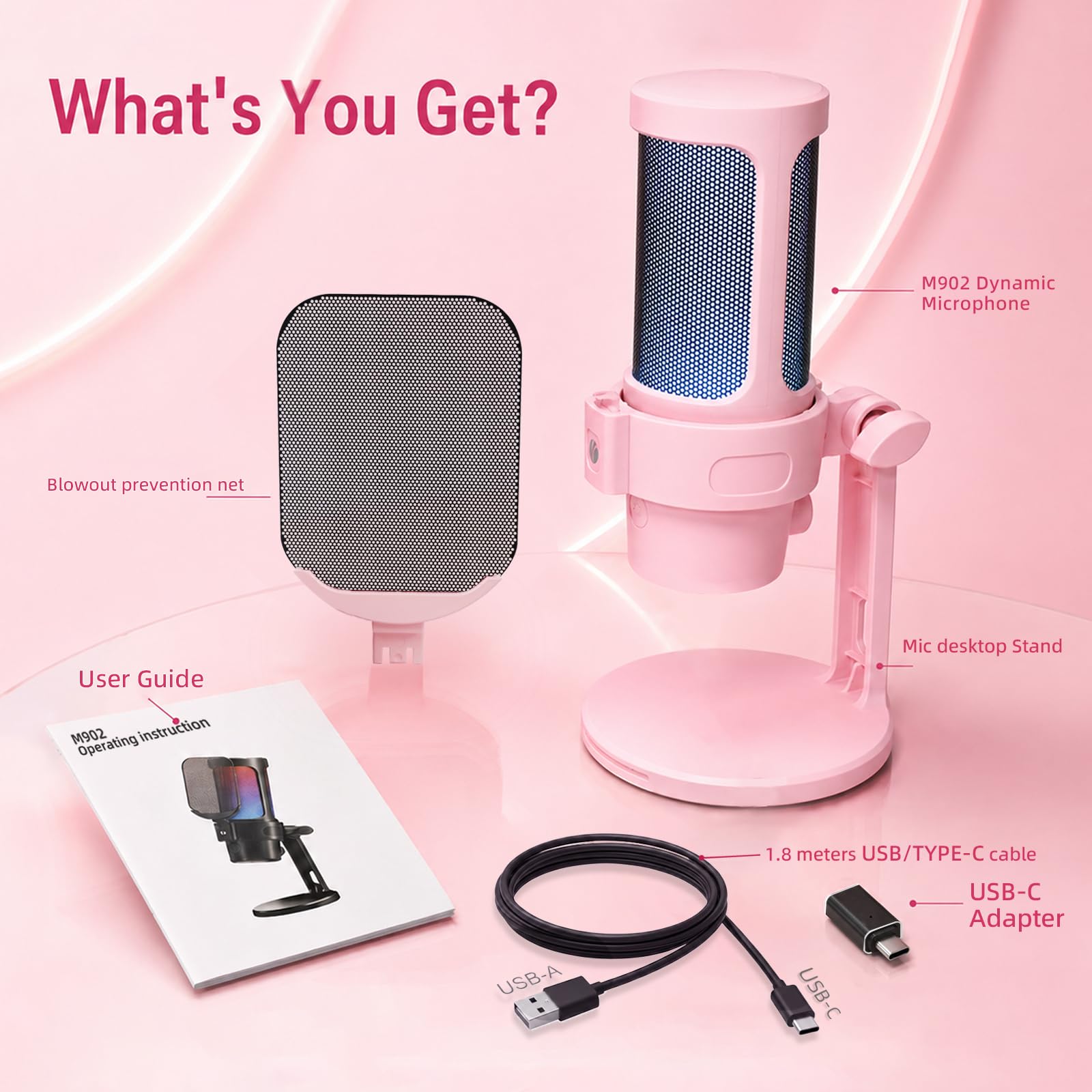 VCOM Microfono USB per PC, microfono da gioco RGB con pulsante mute, filtro pop, supporto antiurto, manopola di guadagno, microfoni a condensatore per giochi, podcast, streaming, registrazione, rosa