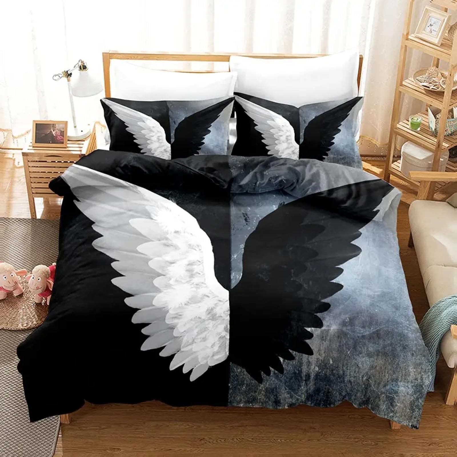 Housse de Couette Plumes Noires et Blanches 220x240 Parure de lit Wings King Size Chambre Fille