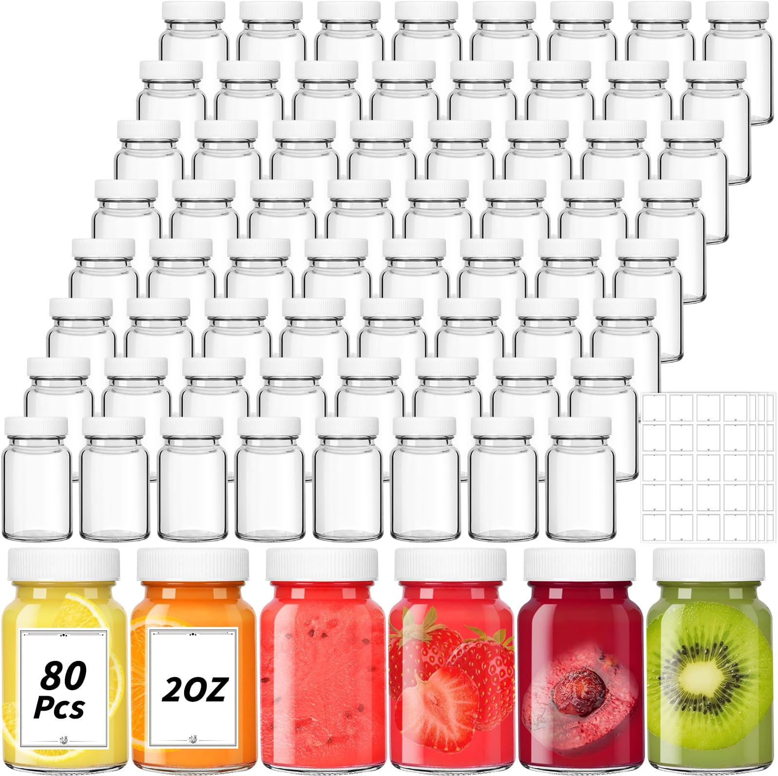 80 Pack 2 oz Glass Shot Bottles with White Lids Small Clear Glass Jar for Ginger Shot Mini Juice Bottle Reusable Wide Mouth Travel Cup Leakage-Proof with Labels for Wellness Juice Milk Potion Liquids