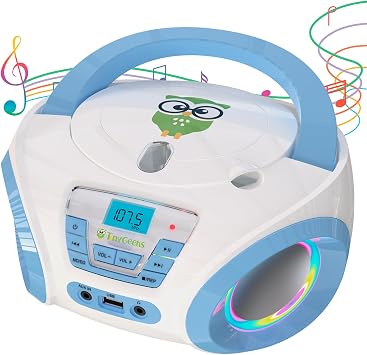 TinyGeeks Tunes Kids Boombox CD Player for Kids - NEW 2023 - FM Radio - Batteries Included - Cute white Radio cd Player with Speakers for Kids and Toddlers - Blue