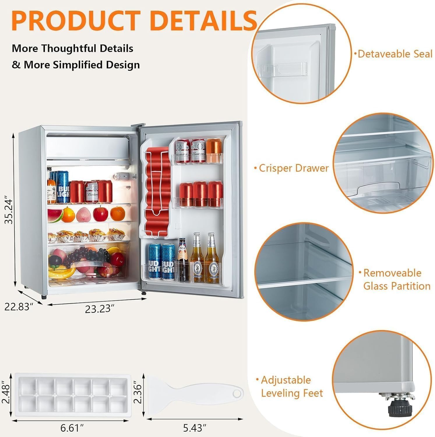 4.3 Cu Ft Mini Fridge With Freezer, Single Door Compact Refrigerator,122L Capacity Small Refrigerator With 7 Settings Adjustable Temperature, Mini Refrigerator for Apartment, Bedroom, Office, Dorm