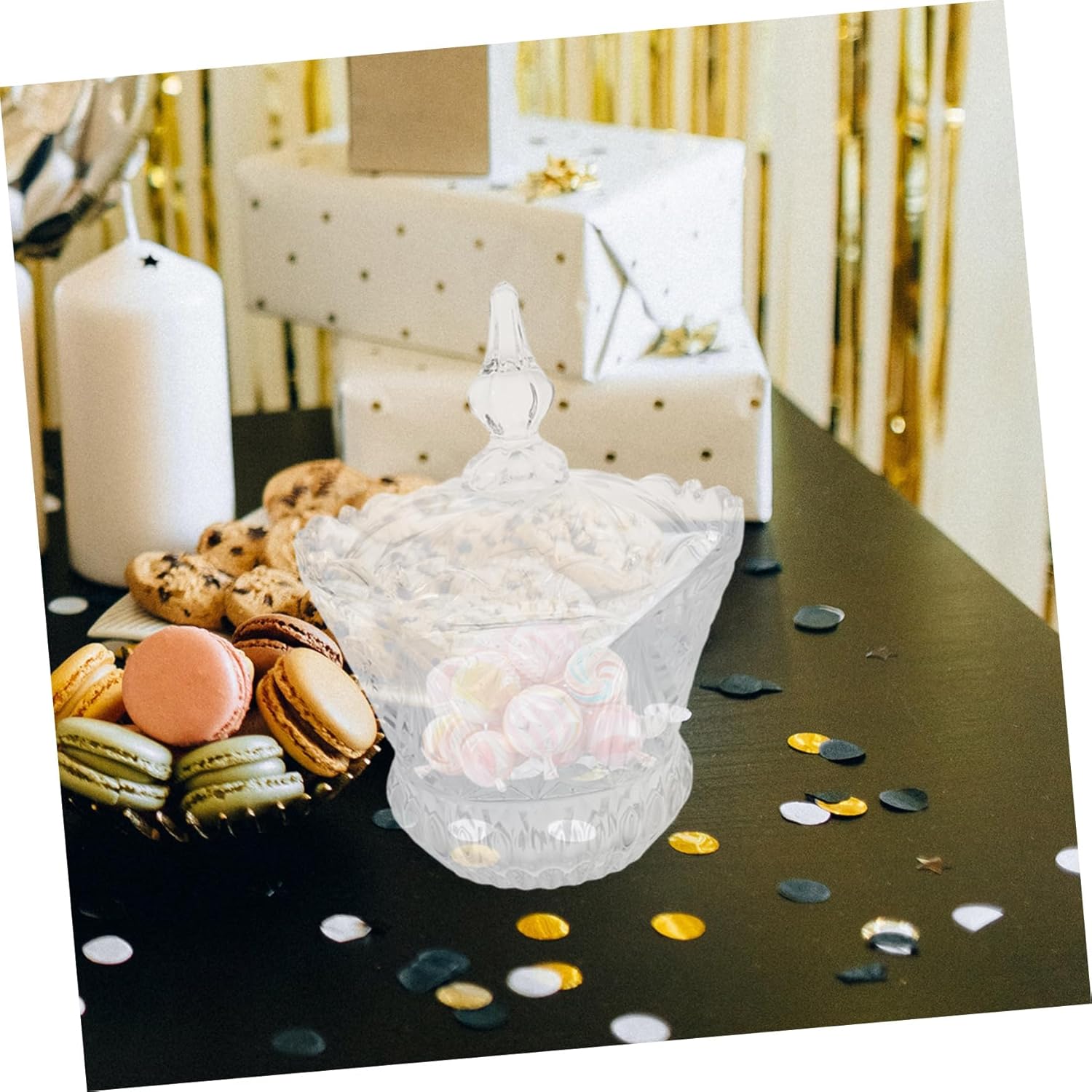 Luxshiny Decorative Glass Candy Dish with Lid for Home Office Storage Sugar Bowl for Treats Elegant Wedding Clear Container for Candy Cookies and Jewelry