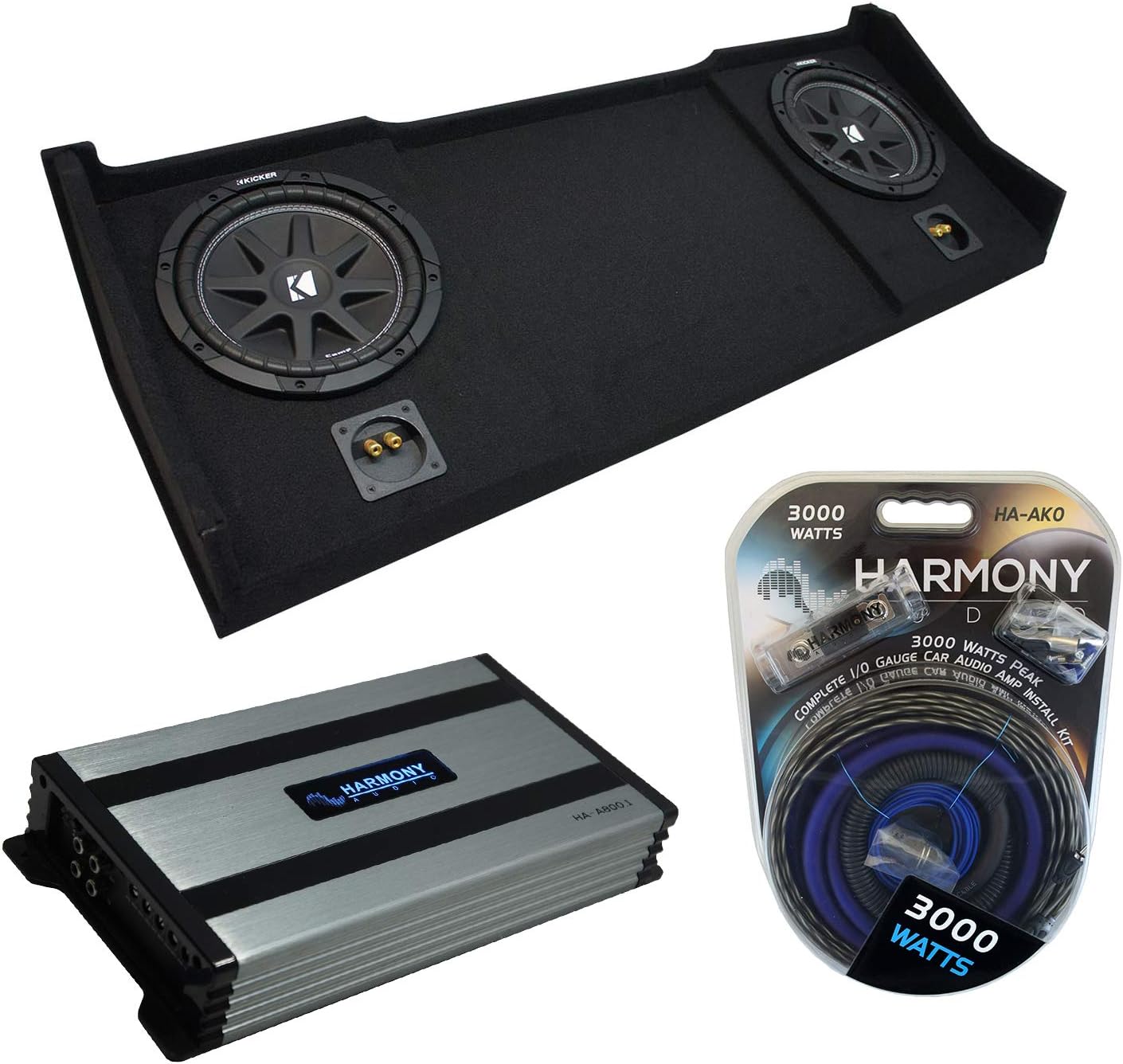 Harmony Audio Kicker Bundle Compatible with 1994-2001 Dodge Ram Club Quad Cab Truck C10 Comp Dual 10" Sub Box Enclosure with HA-A800.1 Amplifier