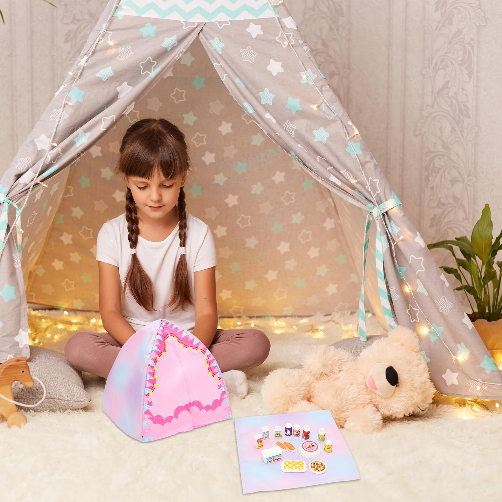 34 PCS Puppen-Reise-Camping-Zelt-Spielset für 11,5 Zoll Mädchenpuppen, Beinhaltet Kleidung, Zelt, Teleskop, Rucksack, Schlafsack und anderes Campingzubehör für Puppen-Reise-Camping-Spielset