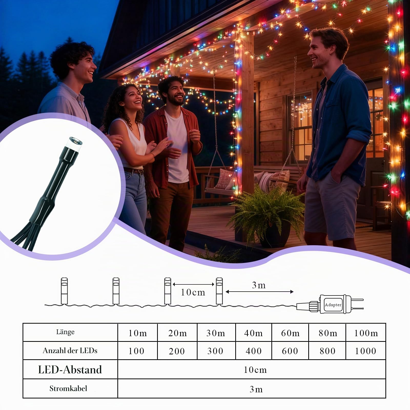 Lichterkette Außen 100m 1000LEDs bunt, 8 Modi LED Lichterkette Outdoor mit 31V-7,2W Stecker Timer Speicherfunktion IP44 wasserdicht für Balkon Garten Party (dunkelgrünes Kabel)