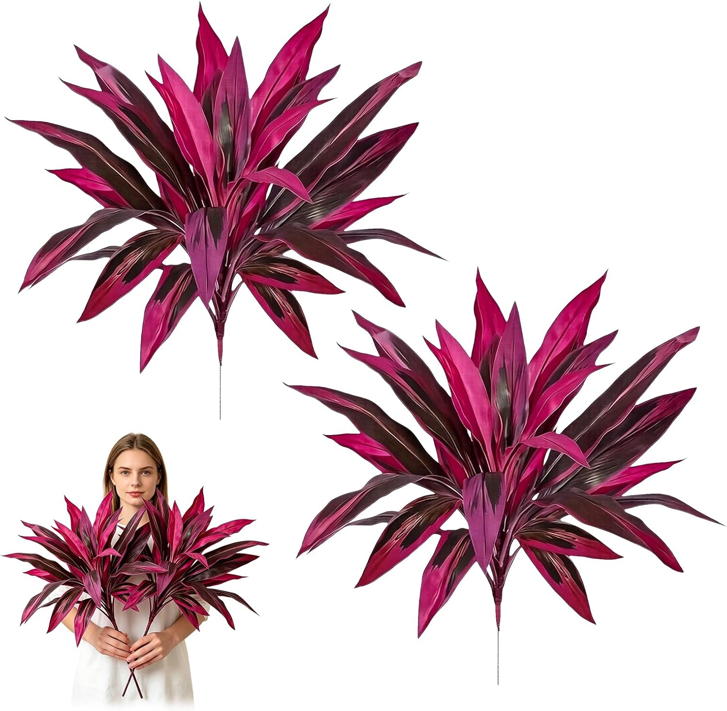 2pcs Artificial Boston Fern & Dragon's Blood Tree, Red/Pink | Large, Realistic, UV Resistant, Red Cordyline Ti Plants, Vibrant Purple Leaves