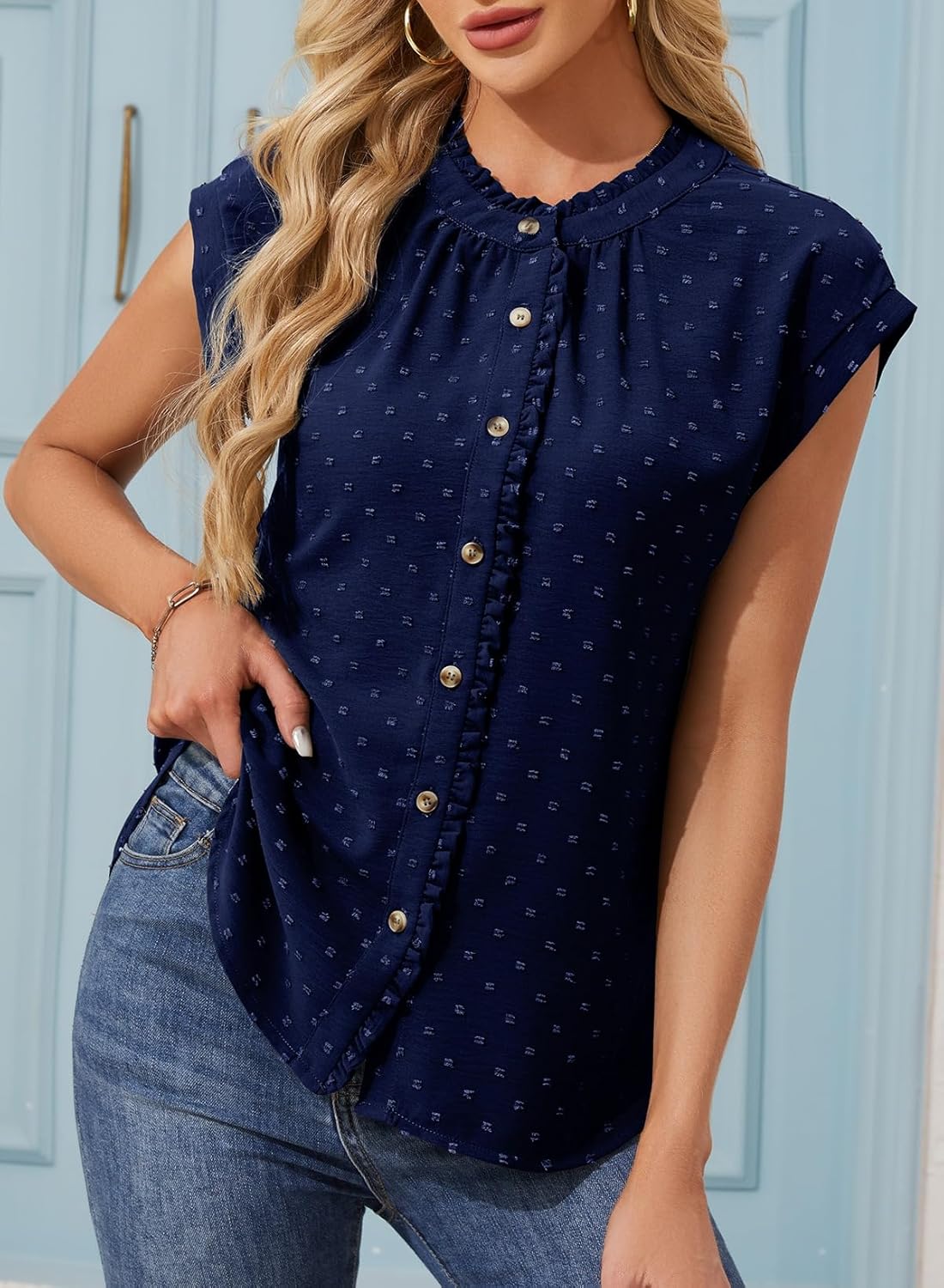 Dokotoo Womens Summer Tops Ruffle Crewneck Short Sleeve Button Down Shirts Boho Chiffon Blouses - Image 3