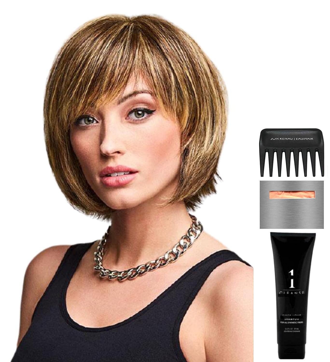 Bundle - 5 Items: Flirty Fringe Bob by Hairdo, Christy's Wigs Q & A Booklet, 2oz Travel Size Wig Shampoo, Wig Cap & Wide Tooth Comb - Color: R4