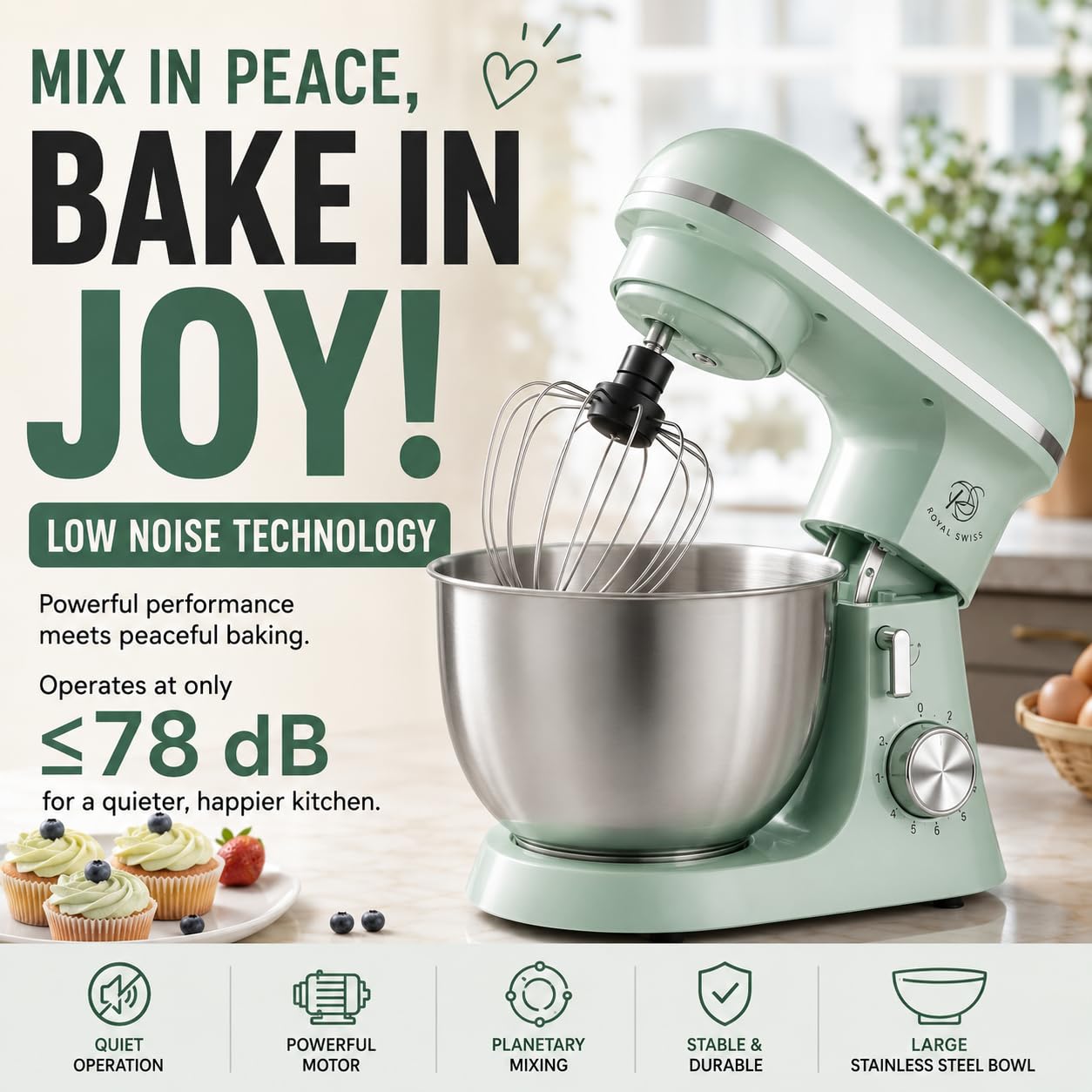 Royal Swiss - Robot de repostería profesional (2000 W, 8,5 L, verde menta, robot de cocina planetaria, amasadora eléctrica de gran capacidad, con cuenco de acero inoxidable, 304 – 6 velocidades