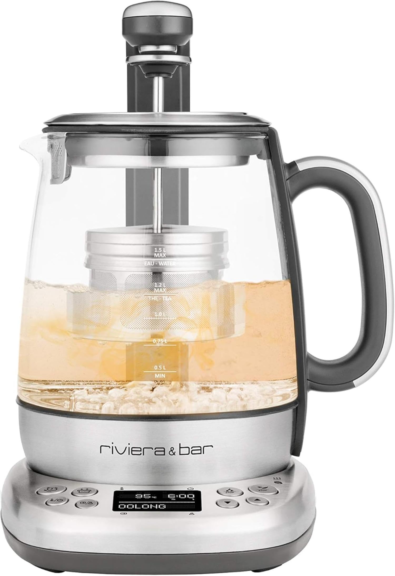 riviera&bar Théière Bouilloire CHA DAO EXPERT à Température Réglable - Verre Trempé et Inox, Mode Silencieux, Infusion Thé Optimale, Écran LCD, Programmes Personnalisables - 1,5L - Inox
