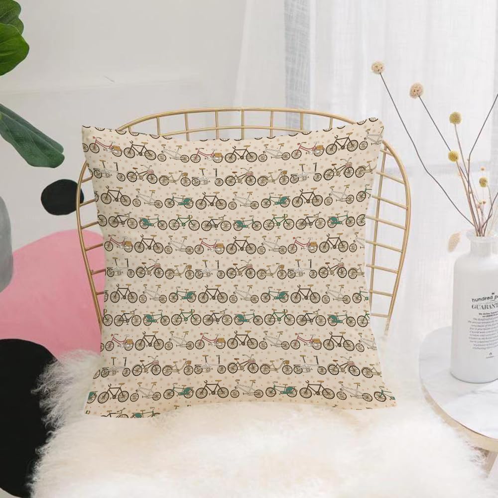 HYOSXW Cushion Cover,Throw Pillow Case Home Decorative for Living Room Bedroom Sofa Chair 16X16 Inch,Bicycle,Retro Pattern with Different Bicycles Floral Details and Dots Fun Ride,Pillowcase 40X40cm