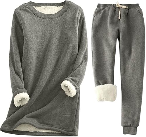 ovticza Conjunto de dos piezas para mujer, con forro polar cálido, cuello redondo, manga larga, cordón en la cintura, túnica