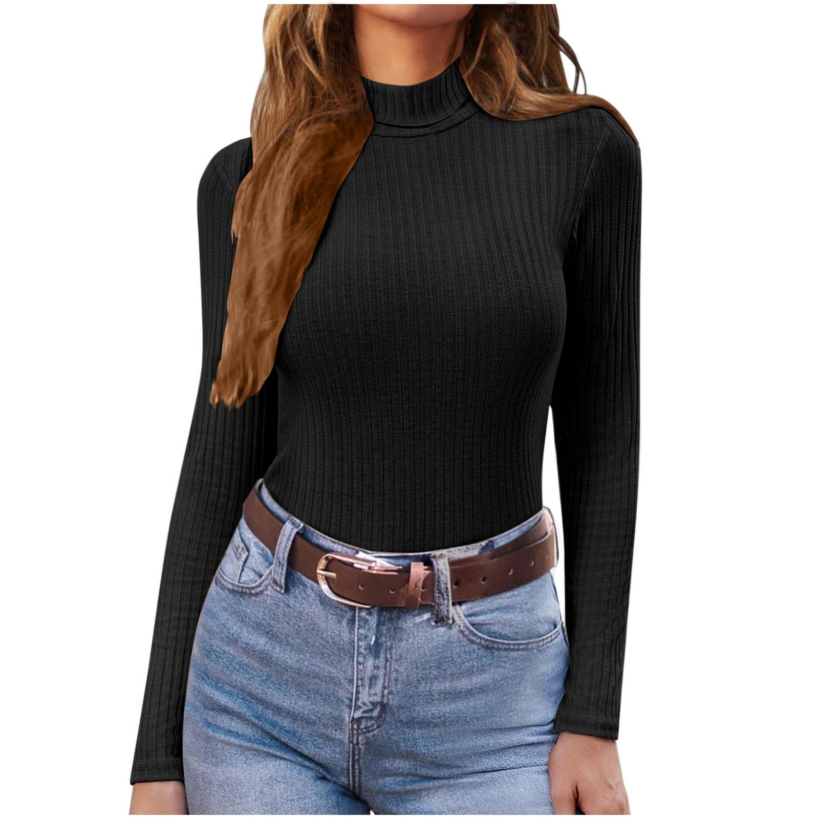 Womens Long Sleeve Turtleneck Sweater Y2K Casual Ribbed Knit Lightweight Fitted Pullover T-Shirt Tops