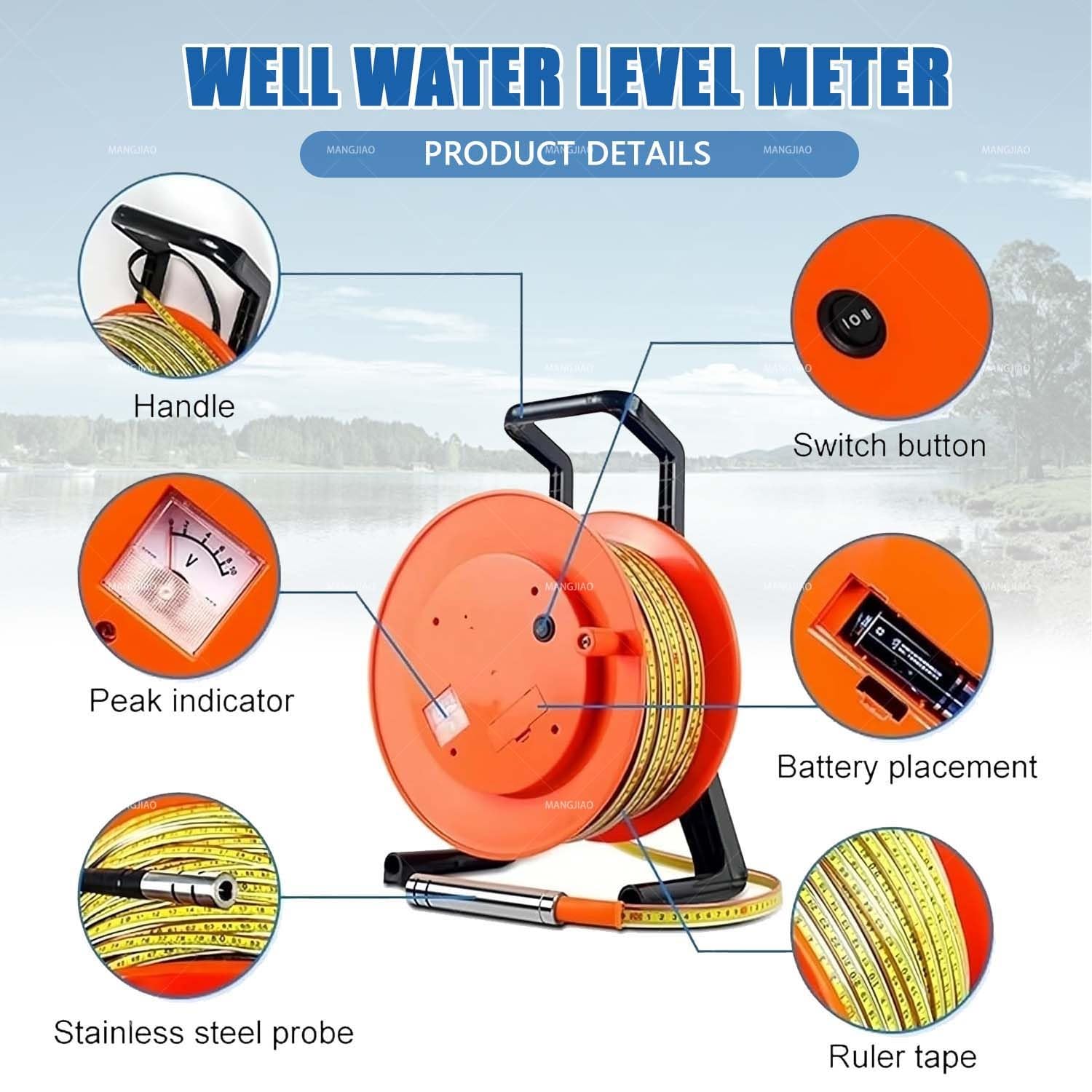 Medidor De Nivel De Agua, Profundímetro Para Perforaciones Y Pozos. Rango De Medición De 10 A 300 Metros, Para La Evaluación De Aguas Subterráneas.(30m(98.4ft))
