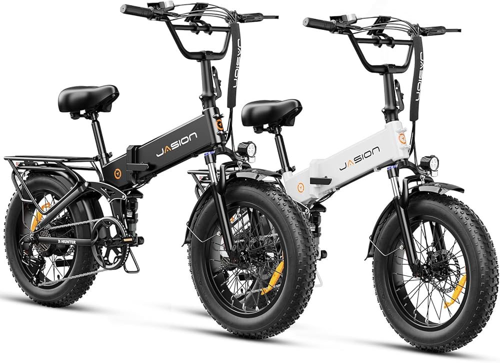 Jasion X-Hunter Electric Bike for Adults,1400W Peak Motor 30MPH Max Speed,48V 13AH Removable Battery, Full Suspension System Design,20''*4.0 Fat Tire Foldable Ebike 7-Speed Bicycles
