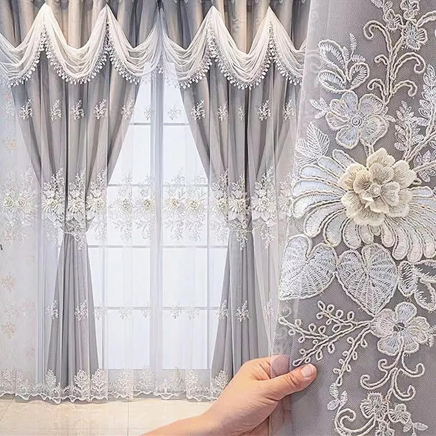 Amidoudou Pencil Pleat Curtains 1 Pair Luxury European Curtains with Wavy Valance for Living Room Bedroom Double Layer Embroidered Curtain (Grey,W 66" x L 90" (2 Panels))