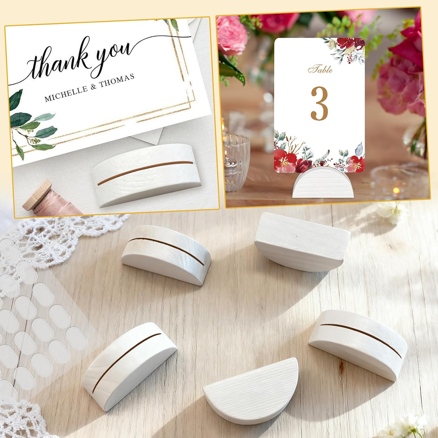 24Pcs White Wood Table Number Stands, Wood Place Card Holders | Include Traceless Adhesive Stickers, Semicircular Design Place Card Holders for Wedding, Ceremony, Birthday, Party, Events