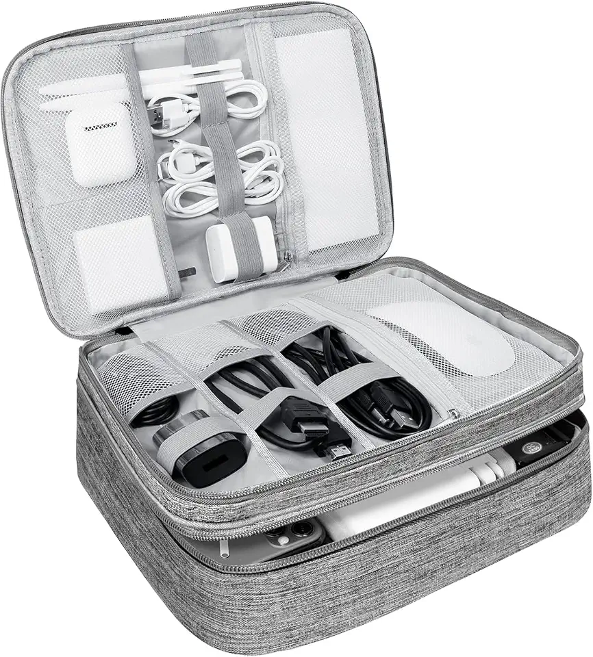 Electronics Organizer,Large Double Layer Portable Waterproof Organizer Bag for Charging Cable Storage,Ipad,Power Bank,Hard Drive etc,Business,5pcs Cable Ties-Grey