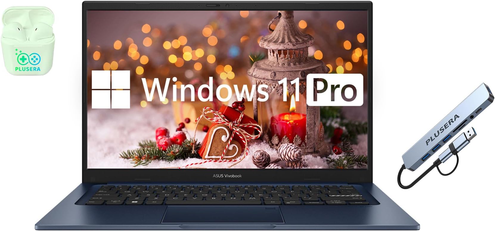 ASUS 14" FHD Vivobook Laptop Computer, 12GB RAM 512GB Storage (256GB SSD+256GB Docking Station Set), 6-Core Intel Core i3, Windows 11 Pro with Microsoft Office Home & Business, PLUSERA Earphones