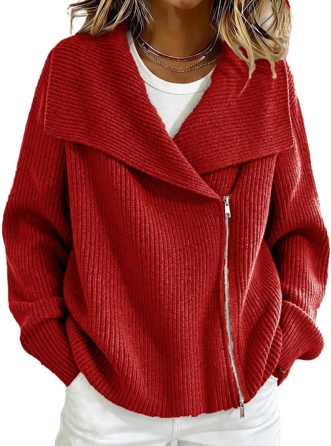Women's Knit Cardigan Wide Collar Full Zip Classic Sweater Jacket