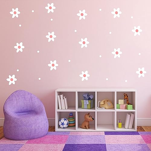 Miniatura 6 de Calcomanías de pared de flores de margaritas con puntos, calcomanía de vinilo para habitación de niños, decoración de pared para habitación de