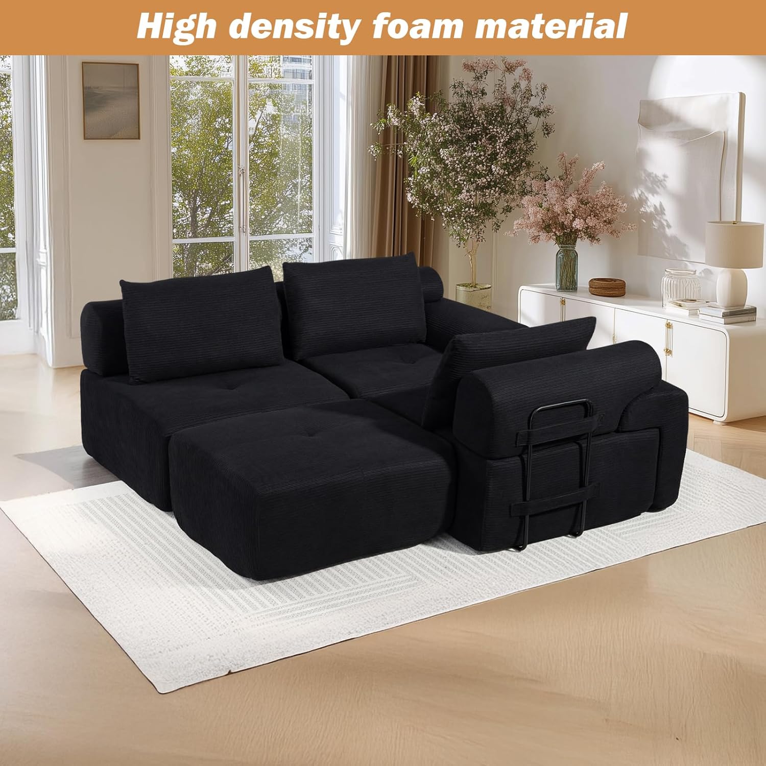 L-Shaped Sectional Sofa Bed with Memory Foam, No-Assembly Convertible Loveseat Couch, Corduroy Fabric Modular Sofa with Steel Frame for Living Room, Apartment, Bedroom, Small Spaces (Black)