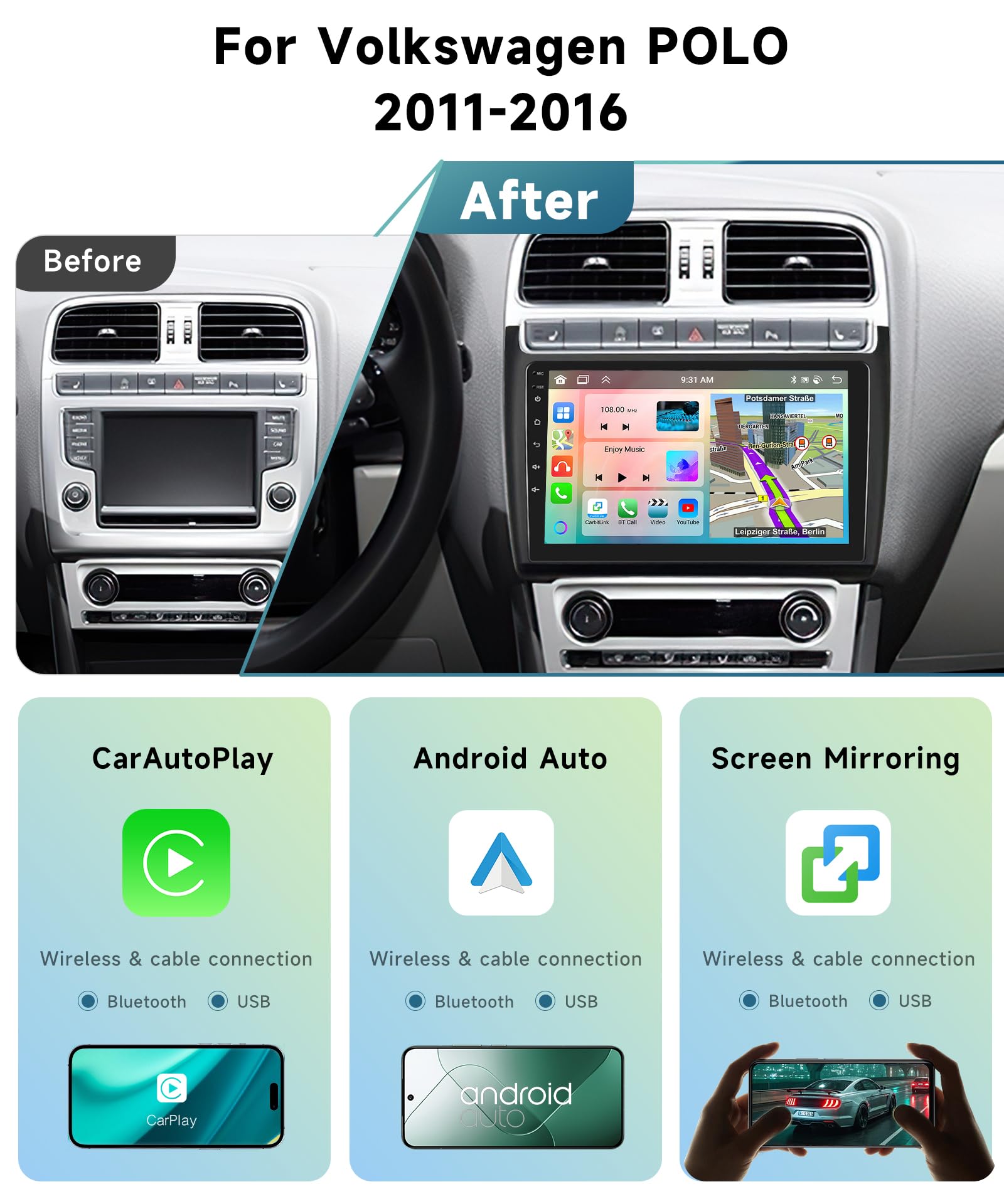 6G&128G 8 núcleos VECHTEL 9" Radio de Coche para VW Polo 2011-2016 con Carplay Android Auto,Android 15,Bluetooth,DSP Radio RDS/FM,GPS Wi-Fi,cámara de visión AHD