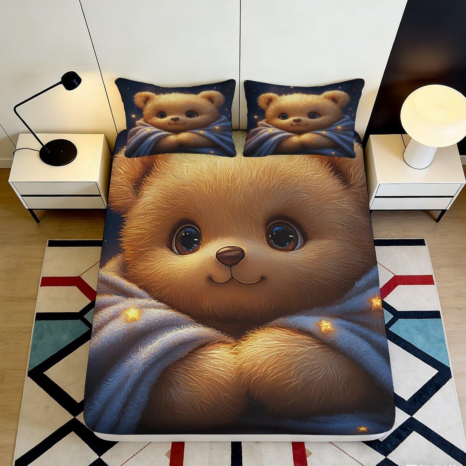 3D Printed Cute Bear Fitted Sheet Microfiber Soft Breathable Starry Night Bed Cover for Bedroom Dormitory Guest Room Mattress Protection Decor 140x200x25cm